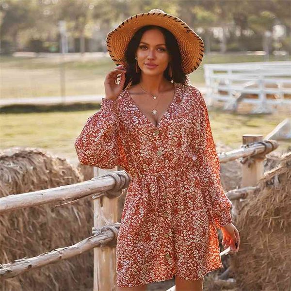 

women's holiday boho dress spring summer printed long-sleeved loose green female bohemian a-line button mini dress 210508, Black;gray