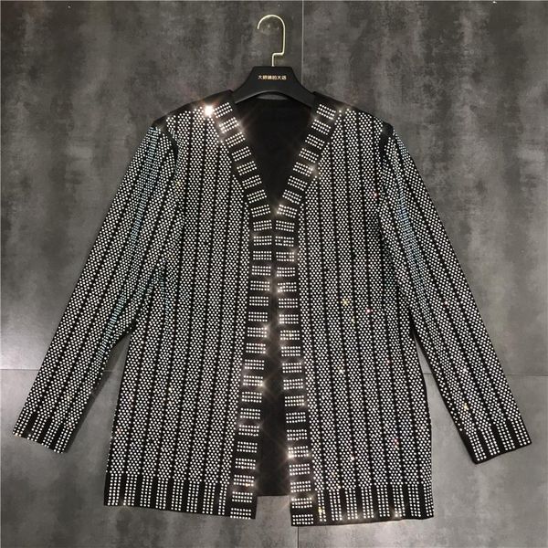 

women's jackets 2021 fashion v-neck luxury bling diamonds beaded knitting cardigan women summer thin woman suit diamond coat, Black;brown