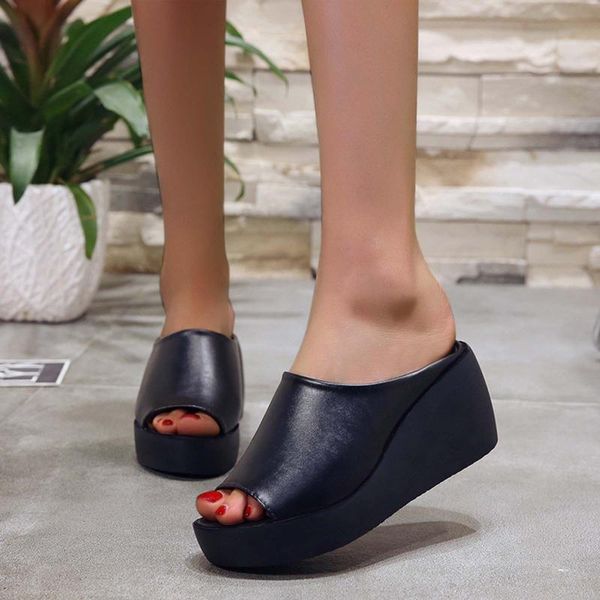 

women shoes summer fashion pu leather leisure platform wedges fish mouth sandal thick bottom slippers sandals, Black