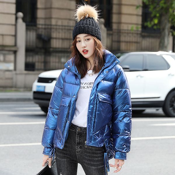 

down winter glossy women stand collar korean style short jackets casual loose ladies bubble coats, Black