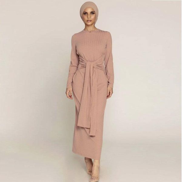 

ethnic clothing fashion knitted long dress women plain sleeve waistband bodycon abaya autumn muslim hijab dresses dubai turkey, Red