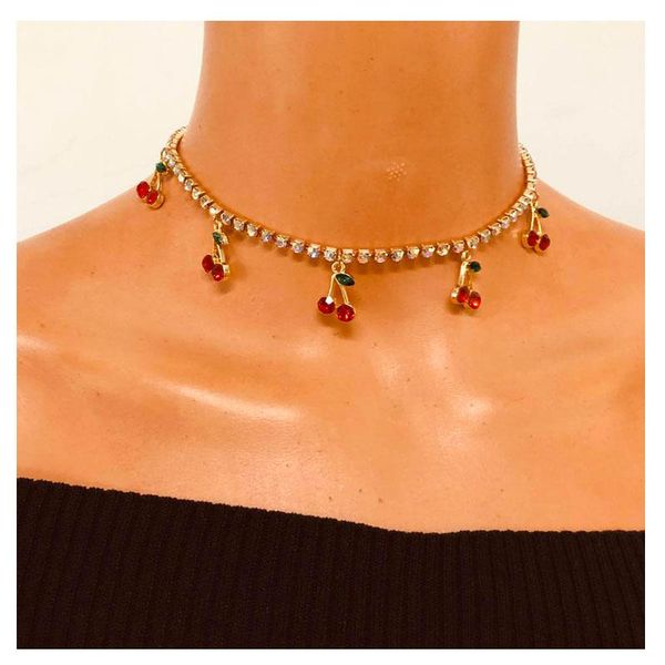

chokers hahagirl luxury red cherry crystal tennis chain women's necklace charm cute pendant necklaces women rhinestone jewelry gift, Golden;silver
