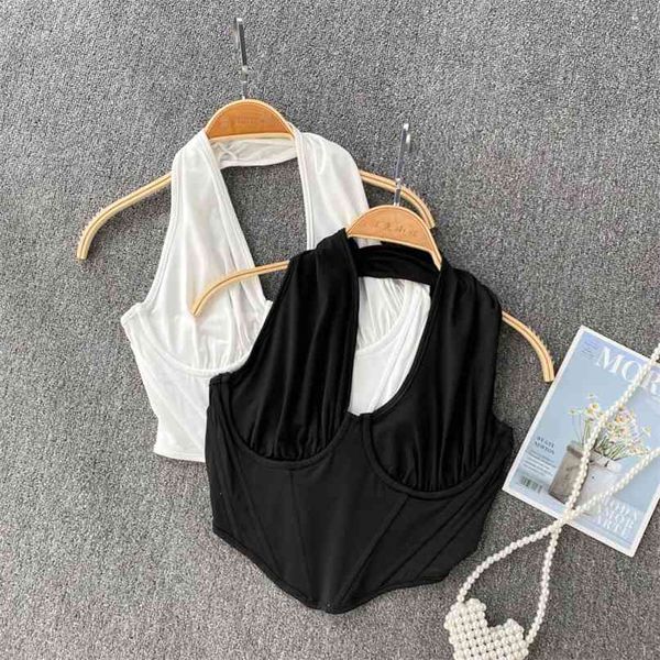 

ins fashion women's crop summer halter v-neck sleeveless corset s white black slim fit backless club tank 210603