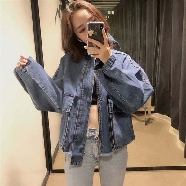 

evfer women autumn blue denim za jackets outwear winter fashion lady long sleeve loose thick coat oversize femm 210421, Black;brown