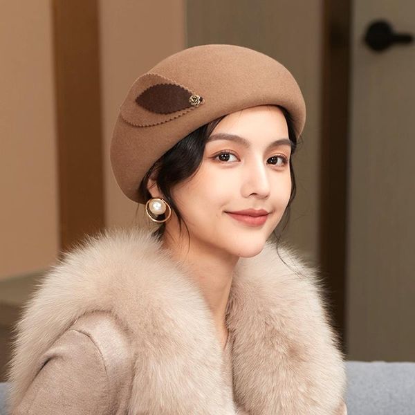 

berets 100% wool women hats ladies winter vintage warm fedora caps 2021, Blue;gray