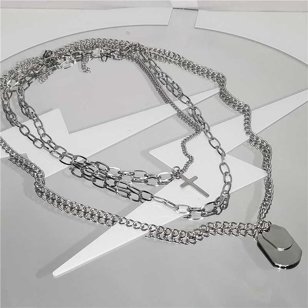 

pendant necklaces personality cross square metal multilayer hip hop long chain necklace for women men rectangle tag punk couple jewelry, Silver