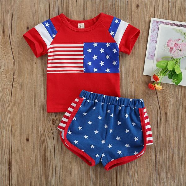 

clothing sets baby boys and girls infant independence day cotton summer set, short sleeve + shorts, american flag print elastic waist, White