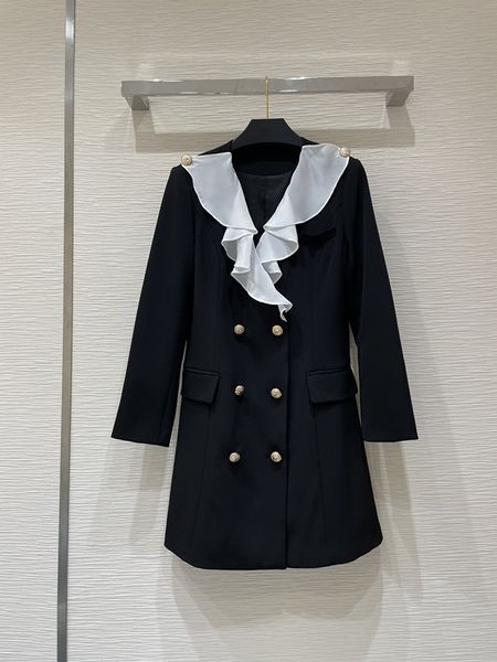 

double breasted ruffle collar elegant design temperament goddess dress, Black;gray