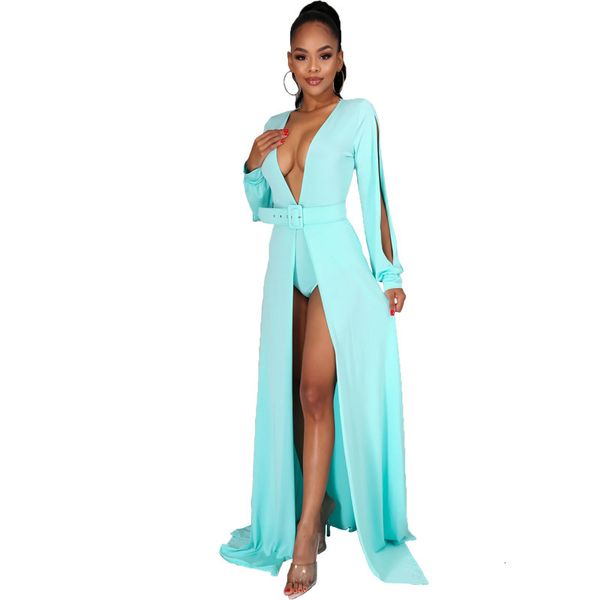 

selling women solid deep v-neck party lady full sleeve floor-length high split + underpants two piece sets, Black;gray