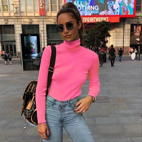 

spring long sleeve turtleneck womens sweaters streetwear solid knit green pink cotton pullovers femme candy, White;black