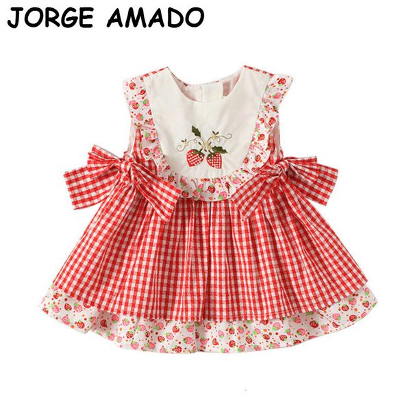 

girl's dress spanish style kids for girls embroidery strawberry plaid bow sleevels princs baby cloth e9127 e4ar, Red;yellow