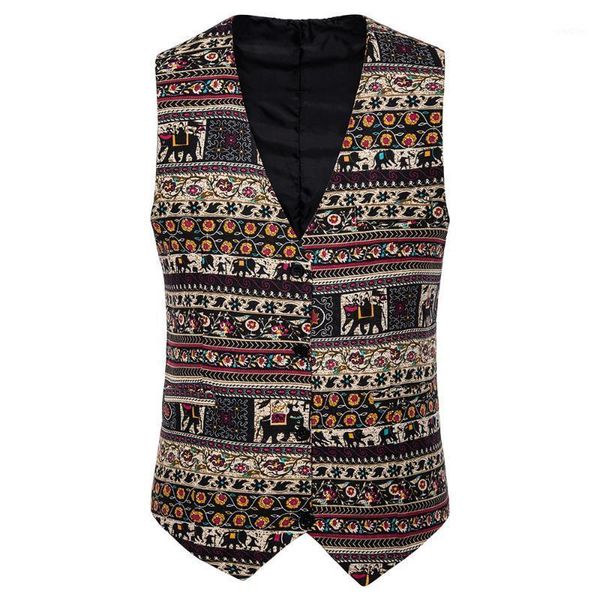 

men's vests stripe elephant printed linen suit vest men fashion national style sleeveless waistcoat luxury single breasted chaleco homb, Black;white