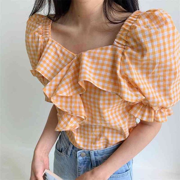 

women's knits & tees cute sweet plaid ruffles puff sleeves slim streetwear all match basic femme casual new geometric thin sh, White