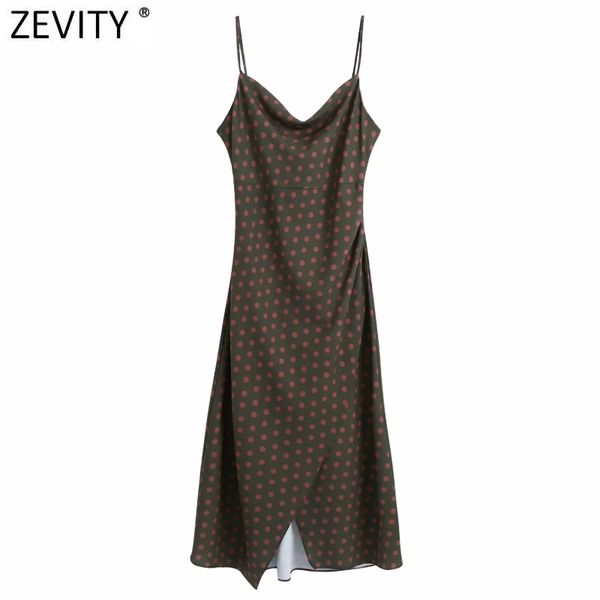 

zevity women vintage slash neck polka dots print sling vestido ladies spaghetti strap back buttons chic party dresses ds4638 210419, Black;gray