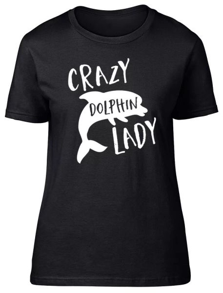 

crazy dolphin lady womens ladies short sleeve fitted t-shirt, White;black