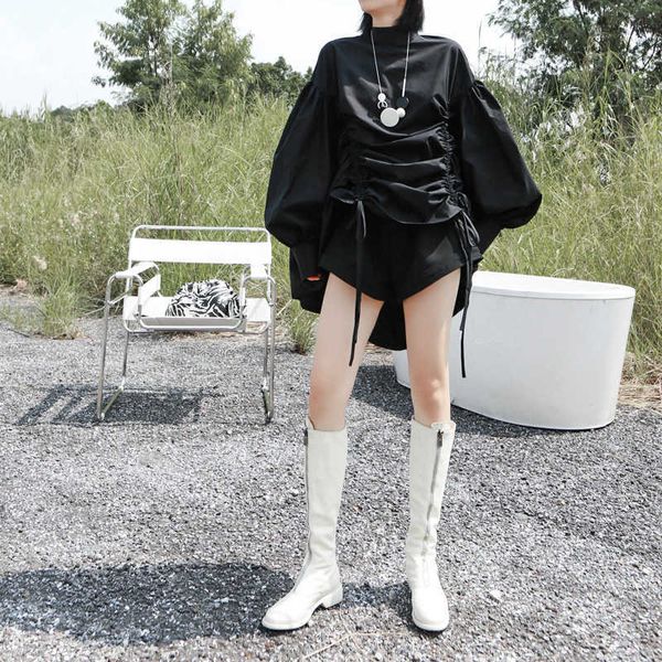 

dress summer female niche design two-wear drawstring lantern puffy office lady polyester 210603, Black;gray