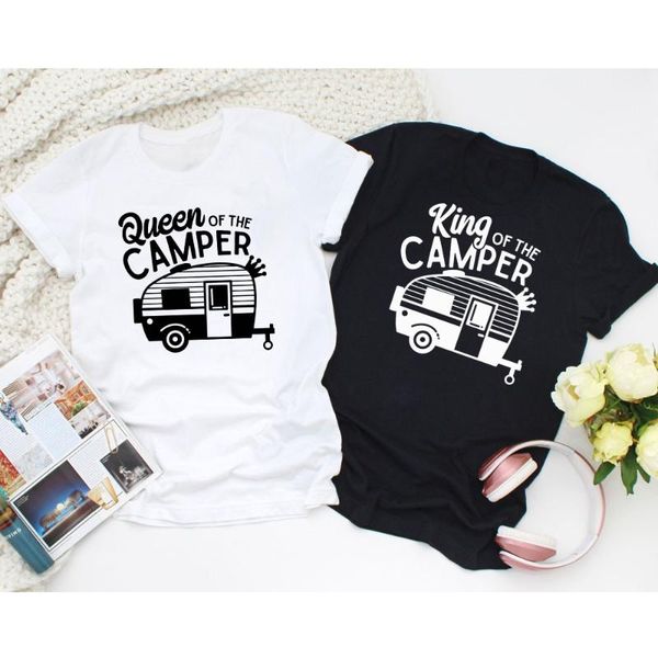

women's t-shirt king of the camper and queen funny matching couple tshirt casual women graphic camping tees, White