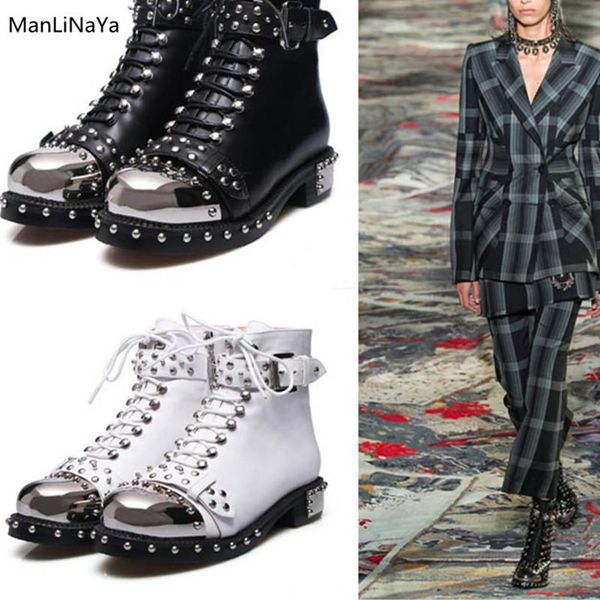 

boots silver-tone metal hardwear runway ankle rivet buckle belt women leather boot with studs cross-tied female motorcycle, Black