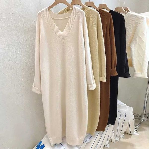 

size 6xl 150kg sweater dress for women solid color v neck pullover thick autumn and winter long 211110, Black;gray