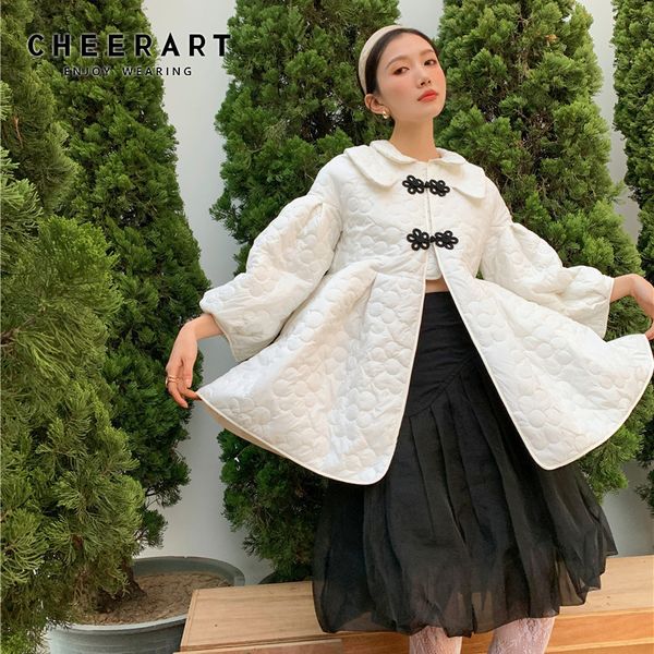 

vintage embossing woman parkas frog coats and jackets women winter white quilted jacket korean fashion clothing 210427, Black
