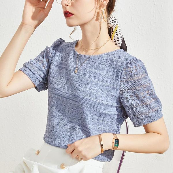 

women's blouses & shirts european lace t-shirt 2021 summer dress foreign style female short sleeve french bubble round neck to, White