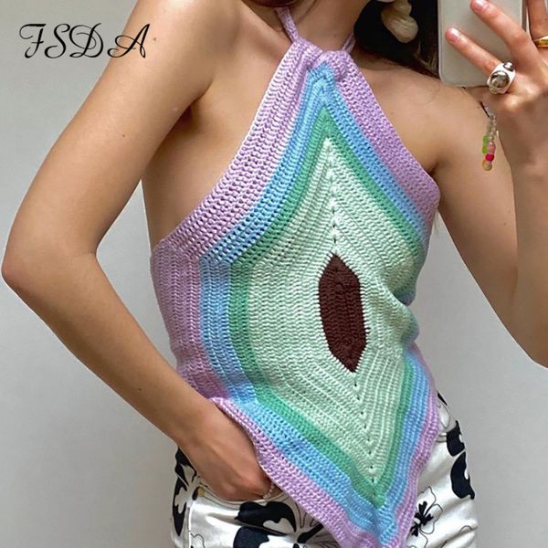 

summer patchwork knitted crop women halter neck y2k backless 2021 green t shirts casual party sleeveless tank high quality, White