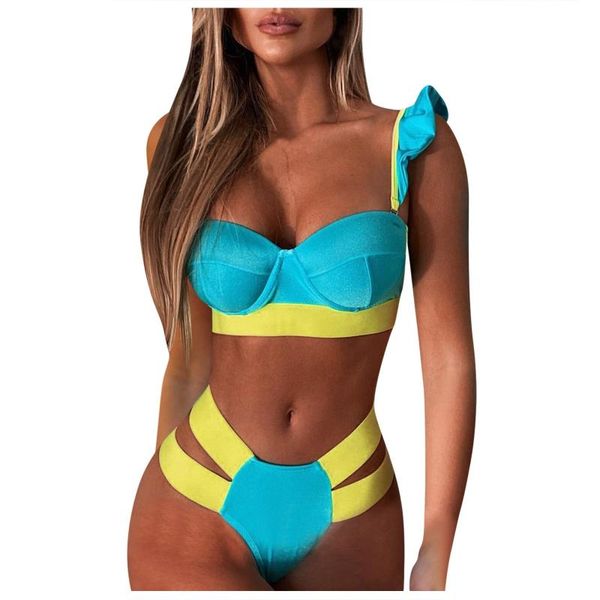 

women's swimwear ladies bikini set two-color block hollow out tankini split two-piece swimsui high waisted swimsuit female a20, White;black