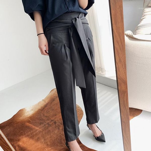 

women's pants & capris women bow tie knee-length pencil high waist solid color ol lace-up trousers, Black;white