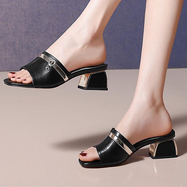

slippers fashion summer square heel elegant high heels prom party shoes woman genuine leather casual sandals, Black