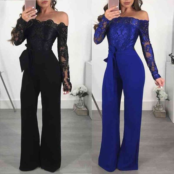 

lace bodysuit off shoulder jumpsuit women summer elegant wide leg jumpsuits long playsuit overall combinaison femme, Black;white