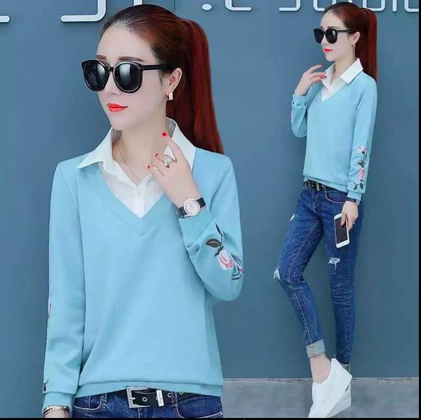 

embroidery spring autumn long sleeve women shirt stitching button sweatshirt fake two pieces, White