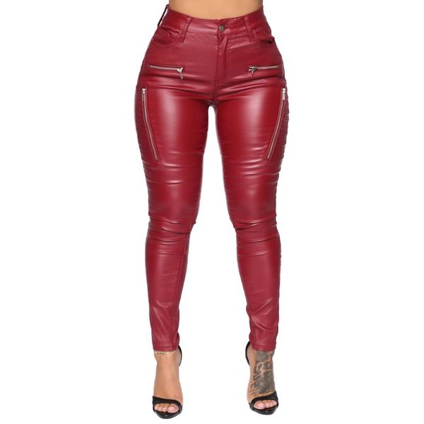 

stretch faux leather woman pants pu high waist trousers zipper moto pencil pantalon femme red skinny bodycon women's & capris, Black;white