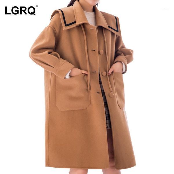 

women's wool & blends [lgrq] camel removable navy collar big pocket woolen coat parkas long sleeve women fashion tide autumn winter 202, Black