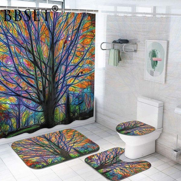 

shower curtains colorful tree waterproof print curtain 4 piece toilet lid cover anti-slip soft rugs bath mat bathroom set home decor