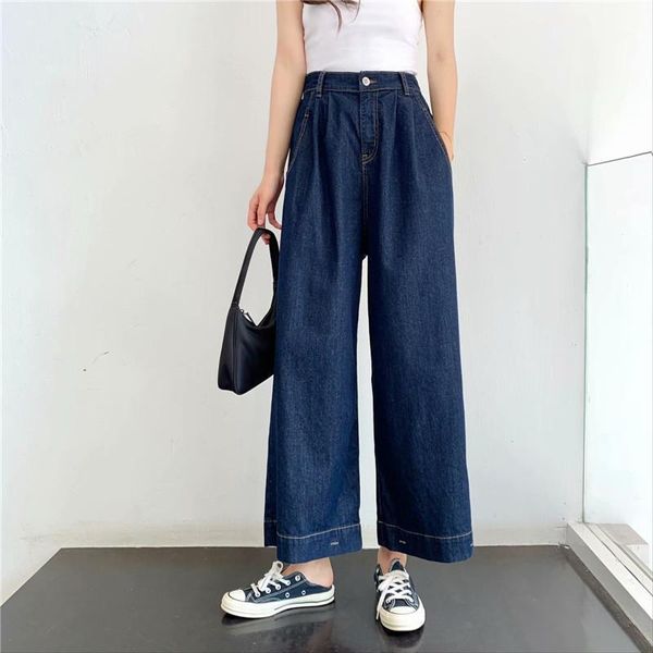 

women's jeans summer style street casual high-waisted loose wide-leg women, solid color is thinner, two-wear nine-point women, Blue