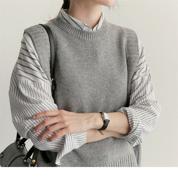 

solid loose sweater spring autumn womens vest knitted vest o neck joker knitted vest womens vests winter outerwear plus size, Black;white