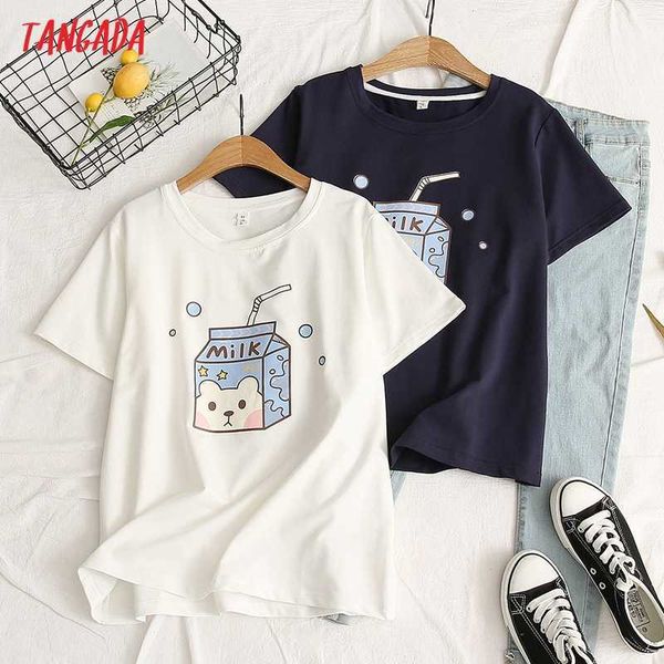 

tangada women milk print cotton t shirt short sleeve o neck tees ladies casual tee shirt street wear 2y16 210609, White