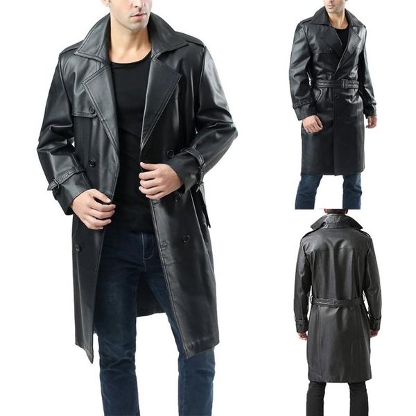 

men's fur & faux leather long trench jacket autumn winter mens pu jackets coats fashion turn-down collar black street casual belt overc