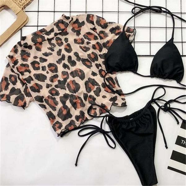 

women's swimwear 3pcs bikini sets leopard short sleeve crop bikini set bandage swimsuit bathing suit beach summer beachwear, White;black