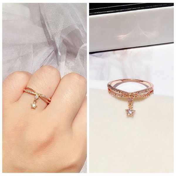 

cluster rings mini star pendant ring rose gold color micro paved cubic zirconia fashion women jewelry, Golden;silver
