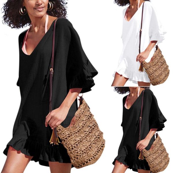 

solid color v neck ruffles swimwear cover ups women short sleeve loose beach bikini cover-up bathing suit beachwear women's, White;black