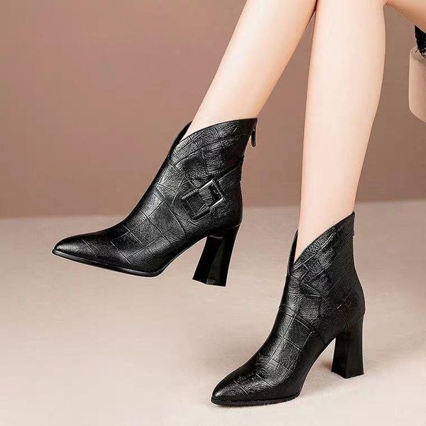 

boots women 2021 autumn and winter v-neck high heels ankle shoes leather booties feminina woman wedding party shoes99, Black