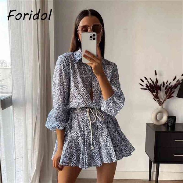 Botão de foridol para cima Vestido azul Vestido Mulheres Manga Longa A-Linha Camisa Vestido Primavera Outono Sash Boho Beach vestido 210415