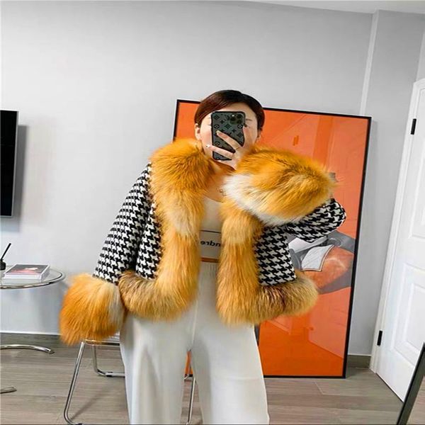 

women's fur & faux aulande autumn/winter natural coat paired with millbird gingham jacket 2021 fashion warm winter, Black
