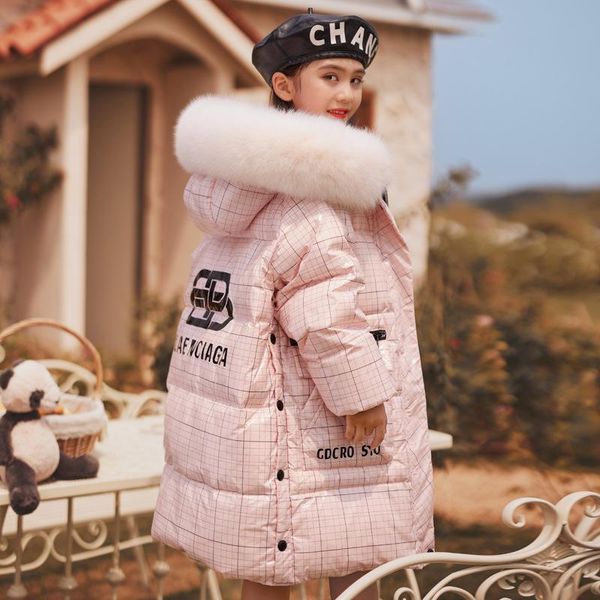 

down coat winter -30 degrees children' long jacket girls hooded big fur collar windproof warm waterproof thick, Blue;gray