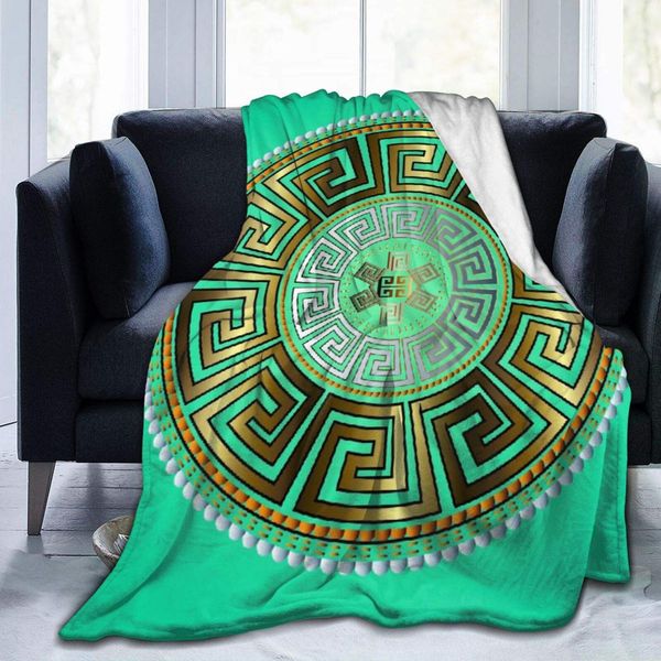 

ultra-soft micro fleece blanket,antique mandala with golden silver black greek key ancient round ornaments on the blue