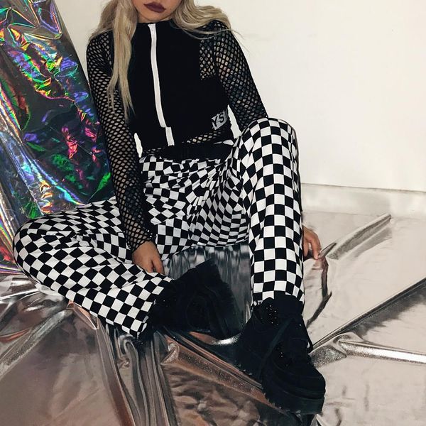 

punk plaid straight wide leg women pant mid and men checkerboard casual loose long trousers slack bottom femme hiphop pantalon, Black;white