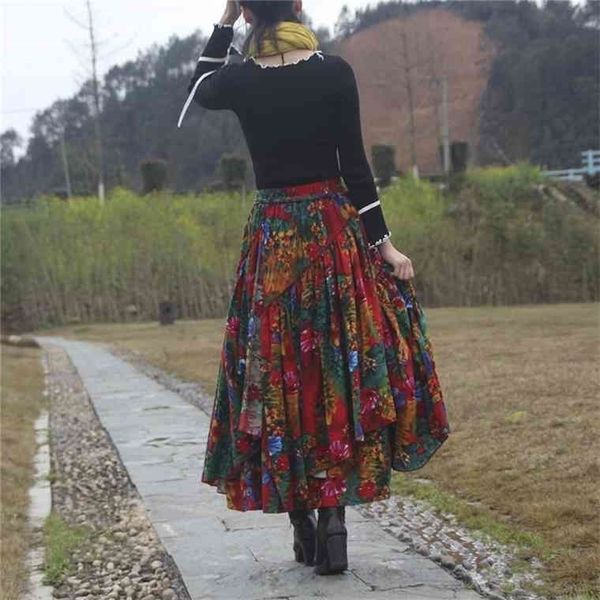 

spring ethnic style trend flower print long cotton linen women elastic waist autumn irregular skirt flada mujer f2663, Black;gray
