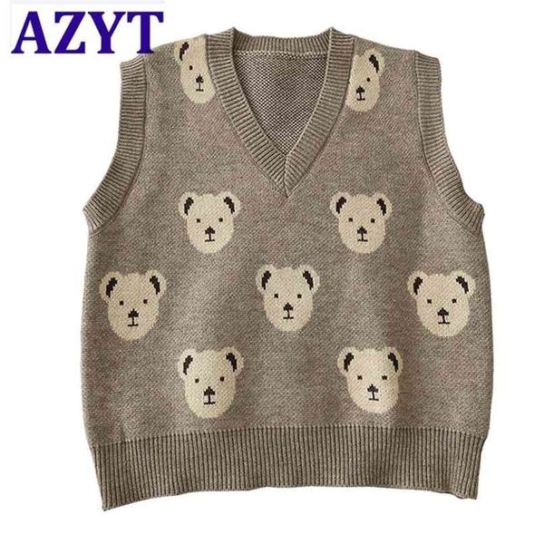 

azyt spring autumn knitted vest sweater pullover women cartoon print v neck women's knit sleeveless tank female 210819, Black;white