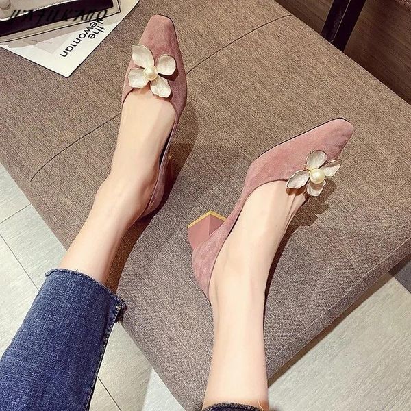 

dress shoes elegant sweet flowers pearl high heels 2021 suede square mid heel fashion party ladies pumps women, Black